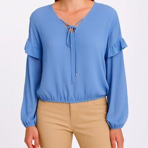INC International Concepts Blue Cuffed Sleeve Ruffled Blouse